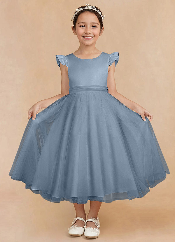 Azazie Hemi Flower Girl Dresses Dusty Blue A-Line Bow Tulle Dress image1