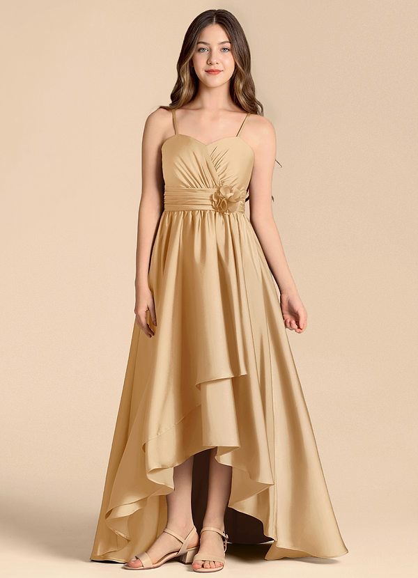 Azazie Catalina Junior Gold A-Line Sweetheart Neckline Stretch Satin Dress image1
