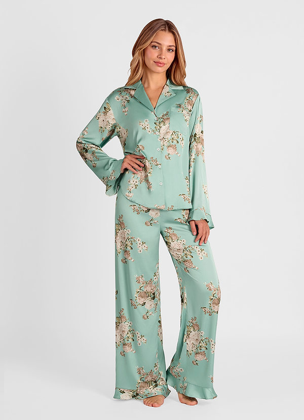 front Susurro De Sauce Floral Conjunto de pijama de manga larga con estampado de volantes