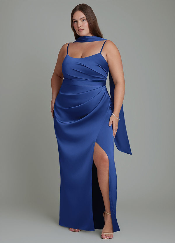 Azazie Calandra Abiti da Damigella Abito Tubino in Raso Elasticizzato Plissettato Blu Reale image1