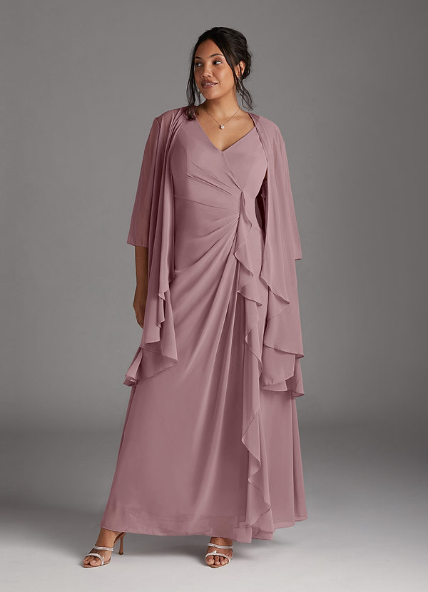 Azazie Manuella Vestidos de Madre de la Novia Vestido de Rosa Polvorienta de Gasa de Corte en A con Cuello en V plisado image1