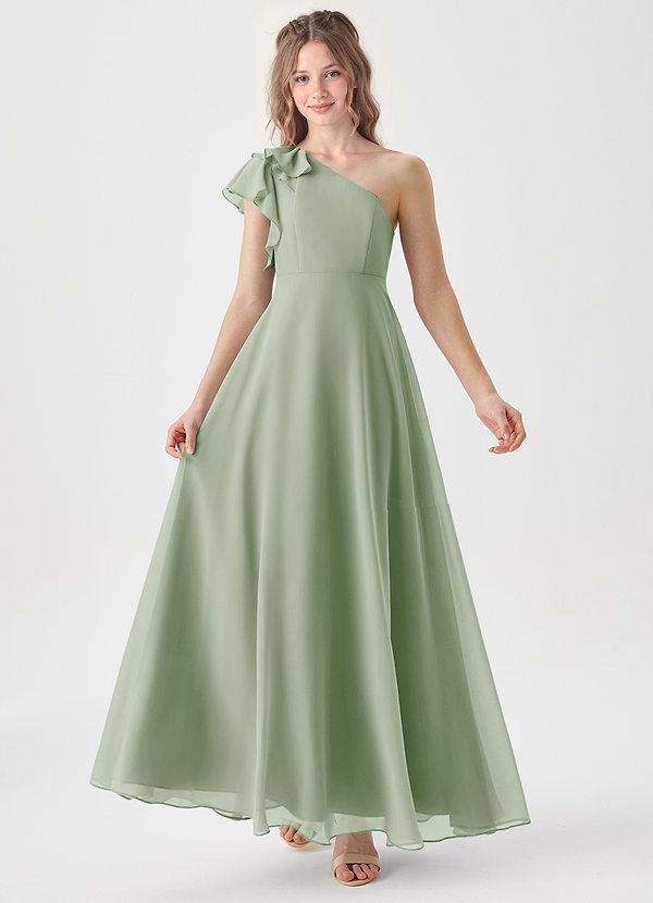 Azazie Arabella Junior Robe Trapèze en Mousseline de soie Rayé Vert Sauge image1