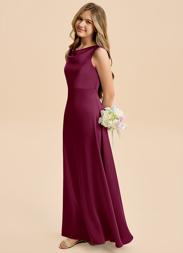 Azazie Kiki Junior Mulberry A-Line Bow Stretch Satin Dress image1