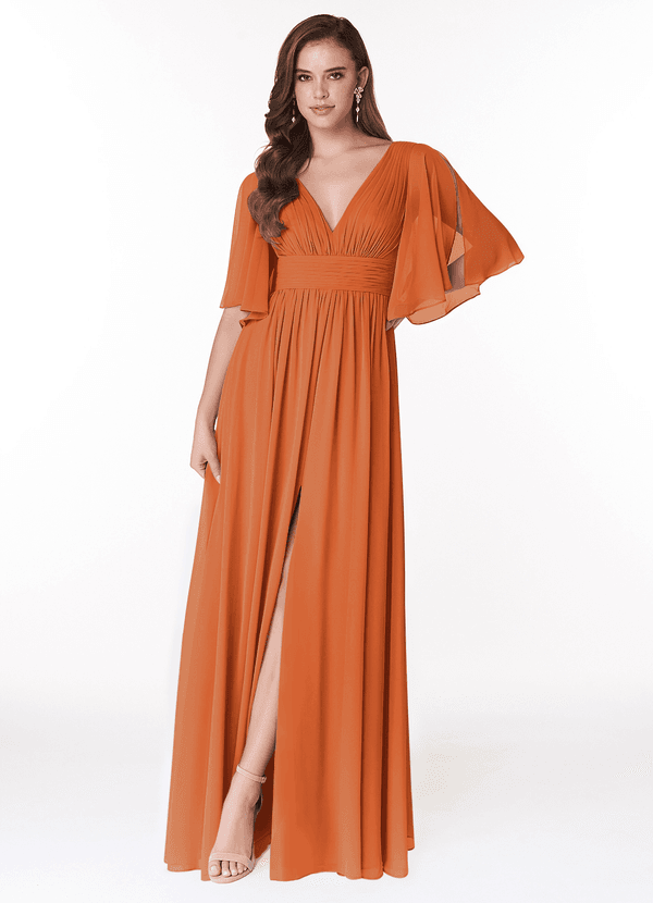 Azazie Temeka Bridesmaid Dresses Cinnamon A-Line Ruched Chiffon Dress image1