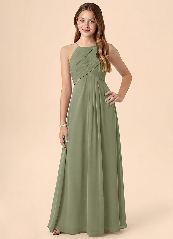 Azazie Ginny Junior Pistachio A-Line Pleated Chiffon Dress image1