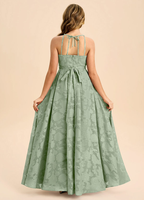 Azazie Arianthe Junior Dusty Sage A-Line Pleated Floral Burnout Dress image1