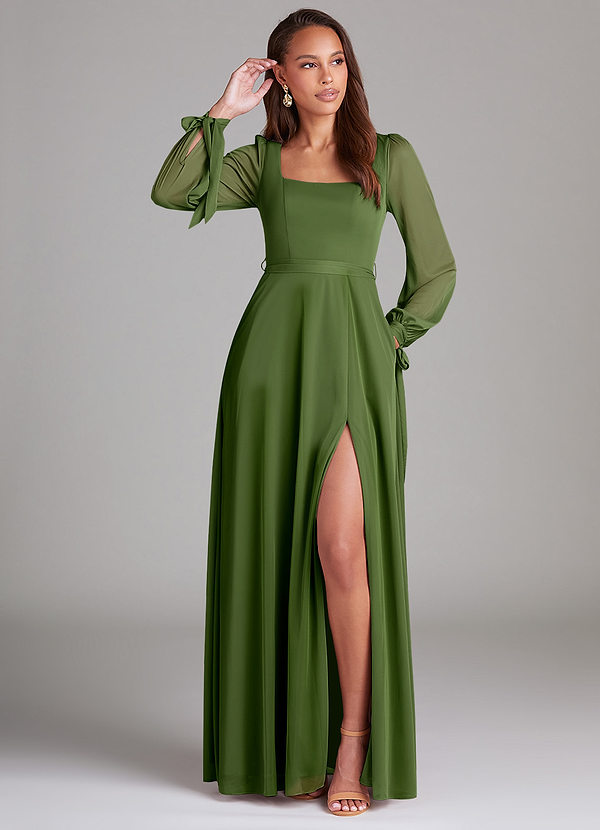 Azazie Leonia Bridesmaid Dresses Olive A-Line Long Sleeve Mesh Dress image1