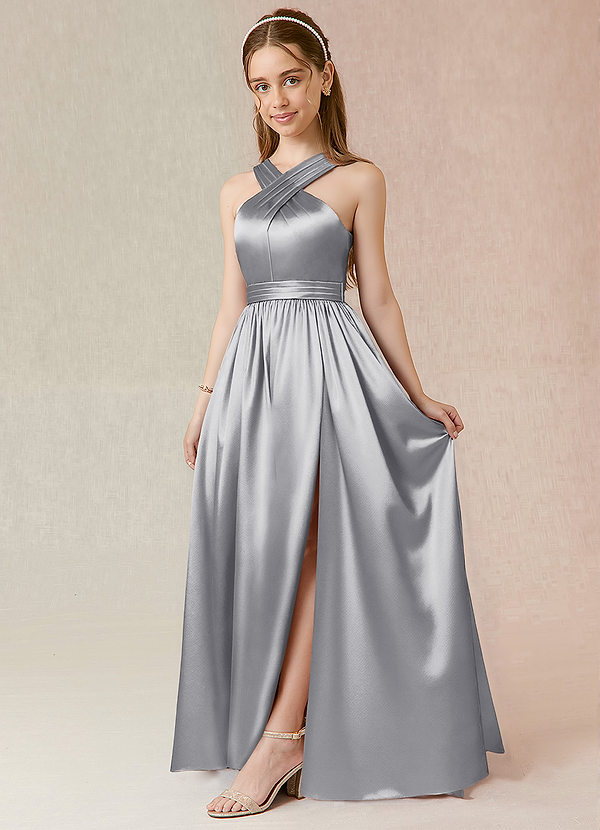 Azazie Jiya Junior Vestido de Plata de Satén Metálico de Corte En A con Plisado image1