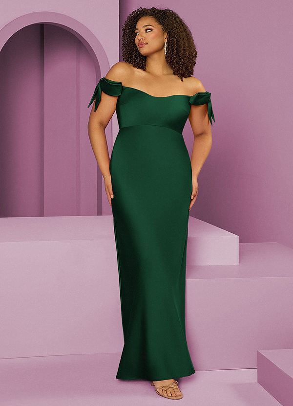 Barbie ♥ Azazie Abiti da Damigella Abito Convertibile Tubino in Raso Elasticizzato a Spalla Scoperta Verde Scuro image1