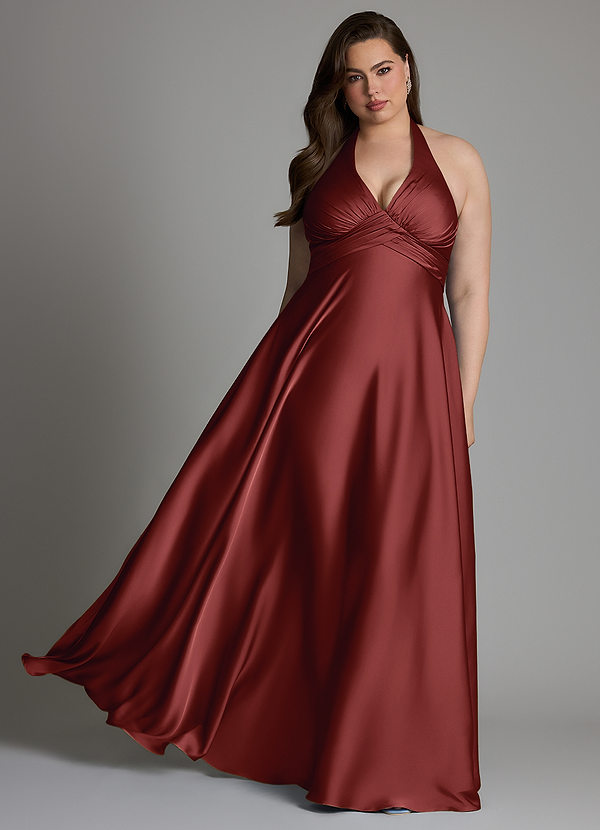 Azazie Tessie Bridesmaid Dresses Terracotta A-Line Pleated Stretch Satin Dress image1