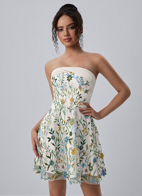 Margaux White Strapless Floral Embroidery Lace-Up Skater Mini Dress image1