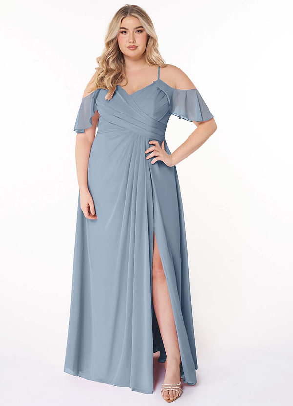 Azazie Dakota Bridesmaid Dresses Dusty Blue A-Line V-Neck Pleated Chiffon Dress image1