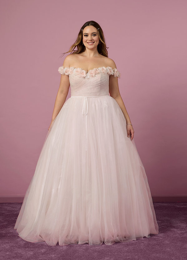 Barbie ♥ Azazie Wedding Dresses Diamond White Blushing Pink A-Line Off the Shoulder Tulle Dress image1