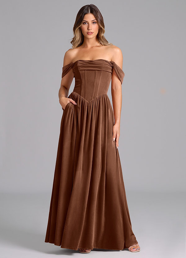 Azazie Hattie Bridesmaid Dresses Umber A-Line Ruched Velvet Dress image1