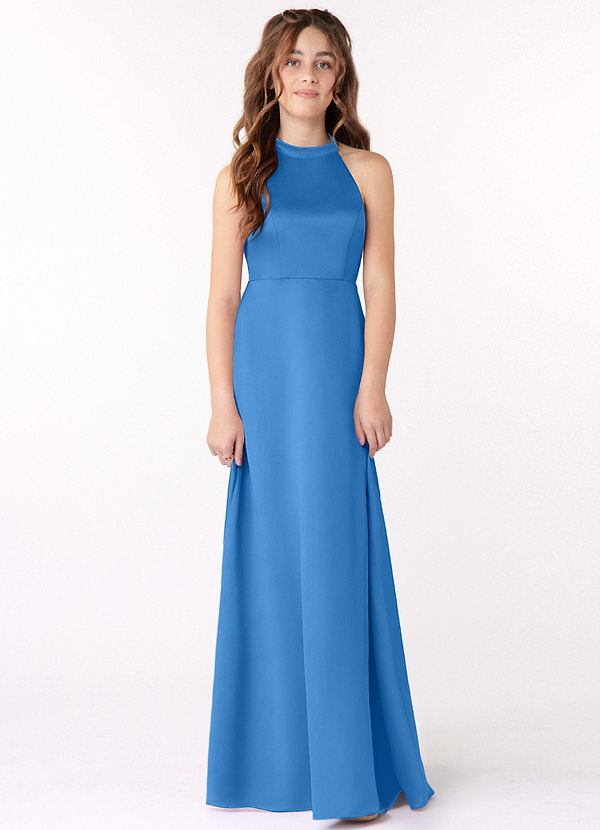 Azazie Laurel Junior Robe Trapèze en Mat Satiné Geai Bleu image1