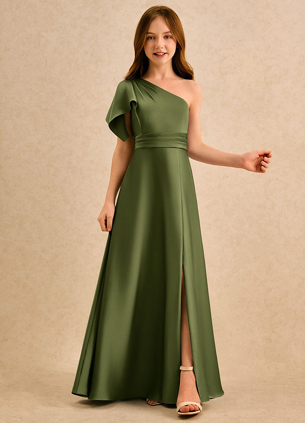 Azazie Jazzy Girls Formal Robes de Fillette d'Honneur Robe Trapèze en Satin extensible Une épaule Olive image1