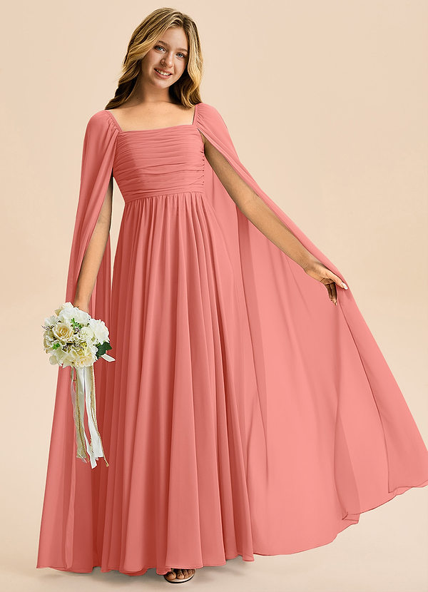 Azazie Calista Junior Salmon Pink A-Line Pleated Chiffon Dress image1