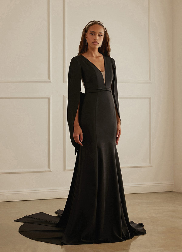 Christian Siriano Bridal for Azazie 2001 Wedding Dresses Plunging Cape Sleeve Crepe Back Satin Mermaid Gown image1