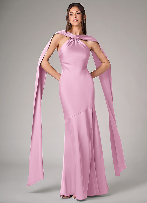 Azazie Kinsley Vestidos de Dama de Honor Vestido Rosa Doce de Cetim elástico de sereia com Racha Lateral image1