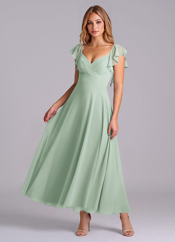 Azazie Leilani 신부 들러리 드레스 A라인 셔링 쉬폰 발목 길이 드레스 image1