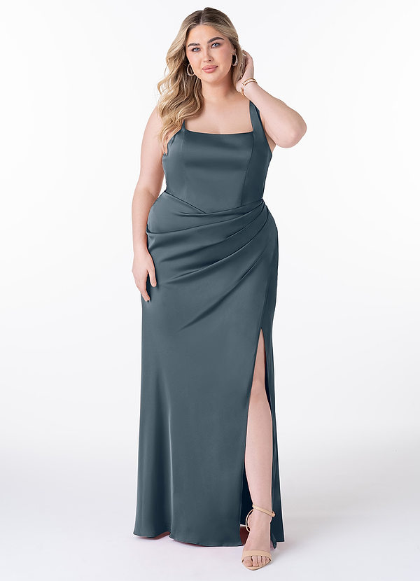 Azazie Mero Vestidos Dama de Honor Vestido de Crepúsculo de Satén Elástico de Corte Recto con Plisado image1
