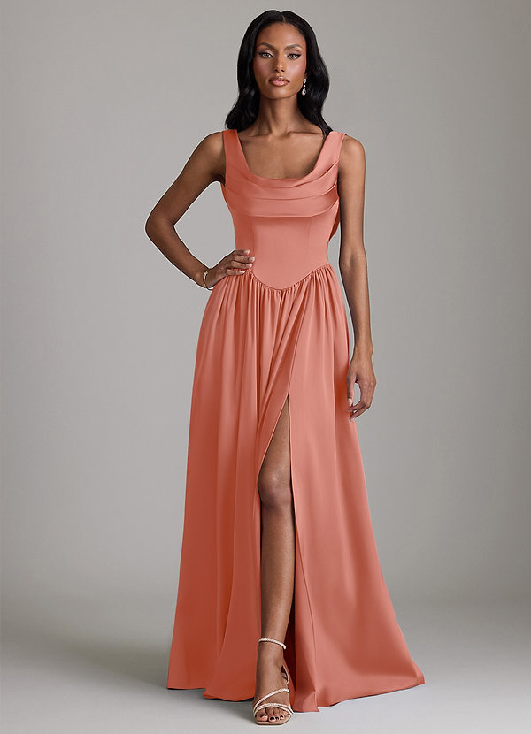 Azazie Novi Bridesmaid Dresses Salmon Pink A-Line with Pockets Stretch Satin Dress image1