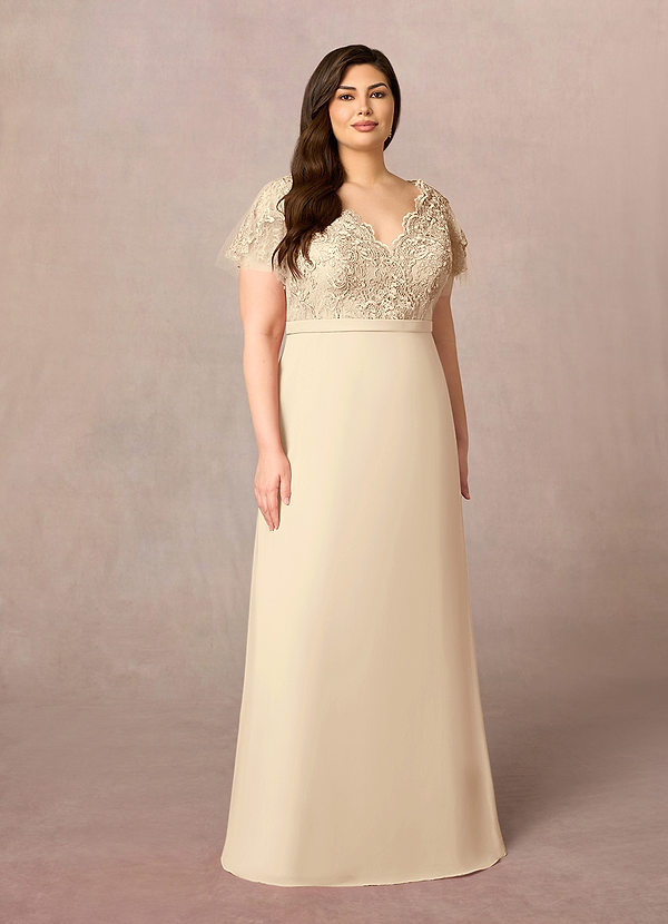 Azazie Singer Mother of the Brides Dresses Champagne A-Line V-Neck Lace Chiffon Dress image1