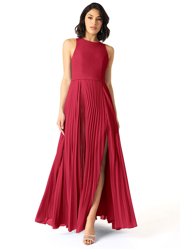 Azazie Lindie Bridesmaid Dresses Scarlet A-Line Scoop Pleated Chiffon Dress image1