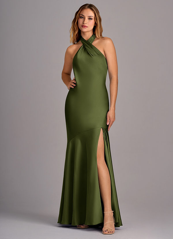 Azazie Lorena Bridesmaid Dresses Olive Mermaid Pleated Stretch Satin Dress image1