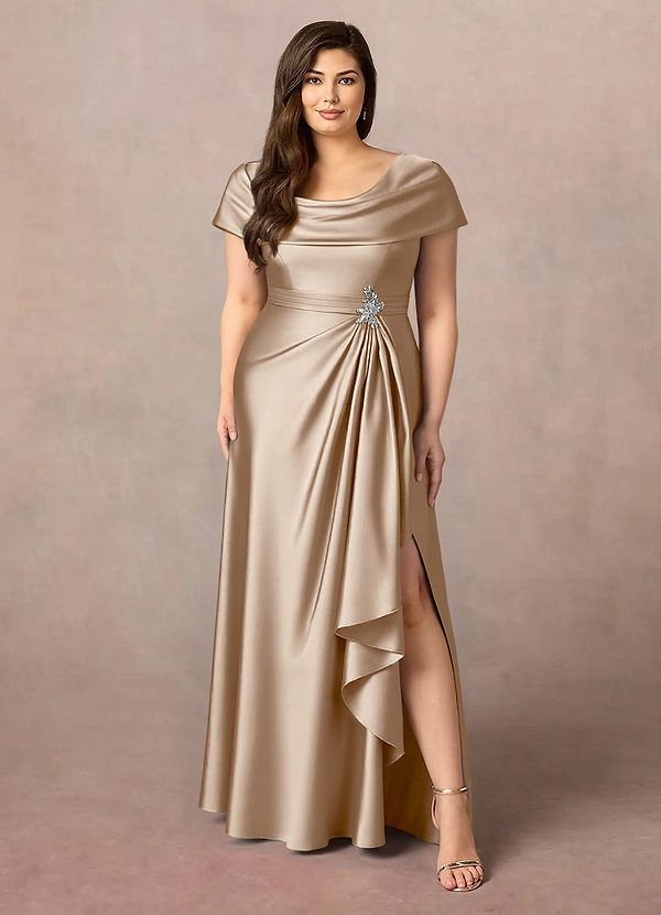 Azazie Branford Mother of the Brides Dresses Taupe A-Line Pleated Stretch Satin Dress image1