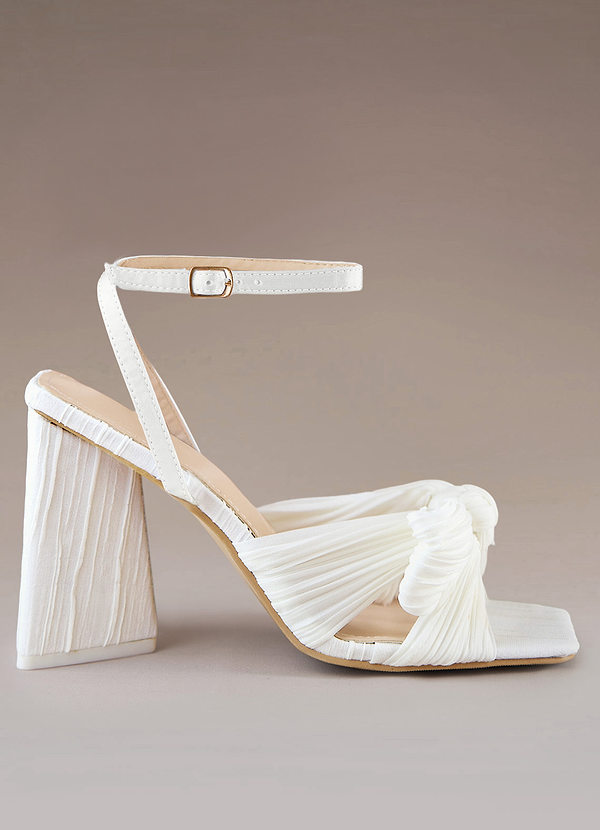 front White Pleated Chiffon Bow Mid-Heel Sandals