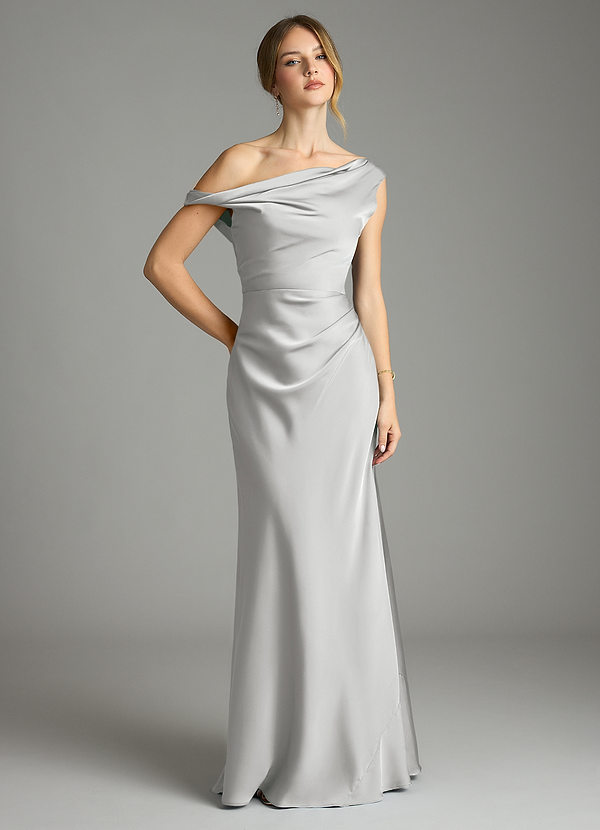 Azazie Emerson Vestidos Dama de Honor Vestido de Plata de Satén Elástico de Corte Sirena con Vestidos sin tirantes image1