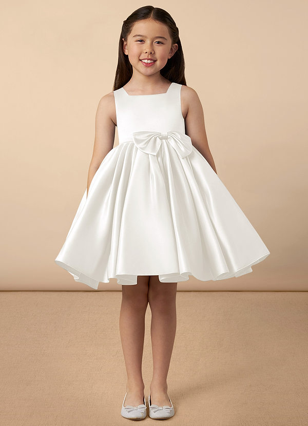 Azazie Bo Peep Flower Girl Dresses Ivory A-Line Bow Matte Satin Dress image1