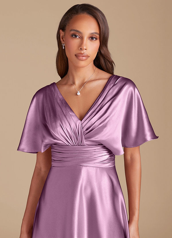 Azazie Pamela Bridesmaid Dresses Wisteria A-Line Pleated Metallic Satin Dress image1