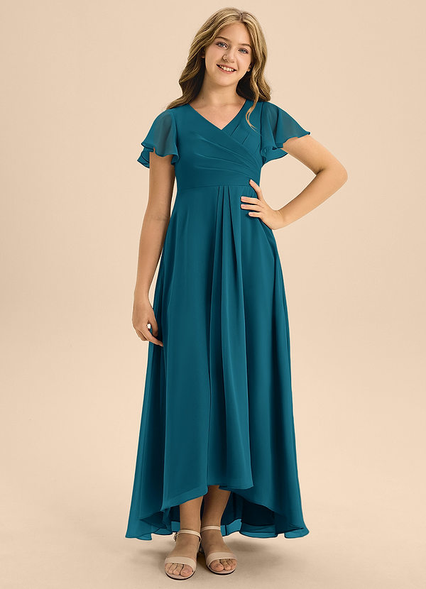 Azazie Induh Junior A-Linie Plissee Chiffon Kleid Tintenblau image1
