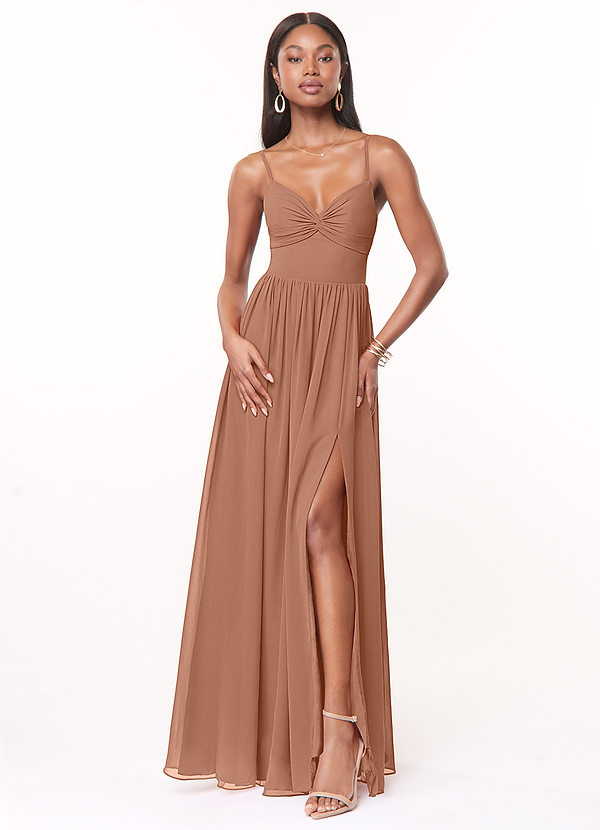 Azazie Zeya Bridesmaid Dresses Bronzer A-Line V-Neck Pleated Chiffon Dress image1