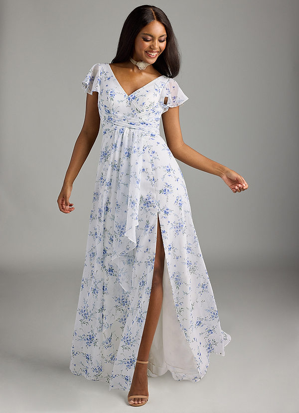 Azazie Omari Bridesmaid Dresses Blue Cottage Floral A-Line Chiffon Dress image1