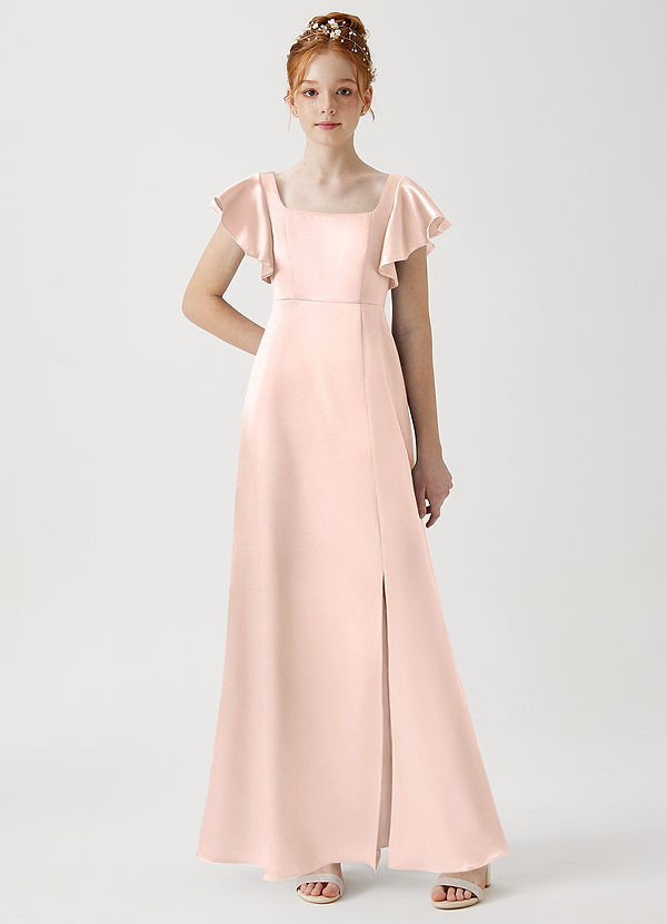 Azazie Bondi Junior Rose Gold A-Line Side Slit Metallic Satin Dress image1