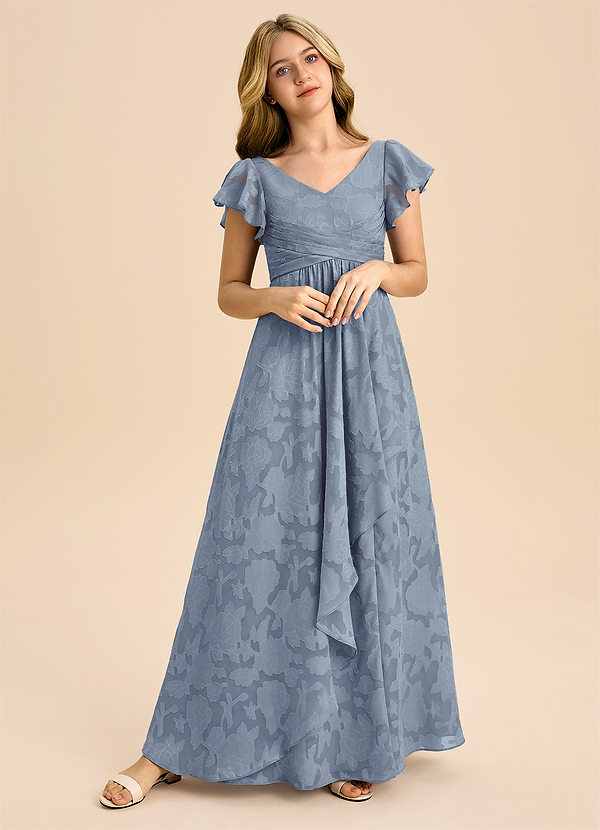 Azazie Omari Junior Dusty Blue A-Line Pleated Floral Burnout Dress image1