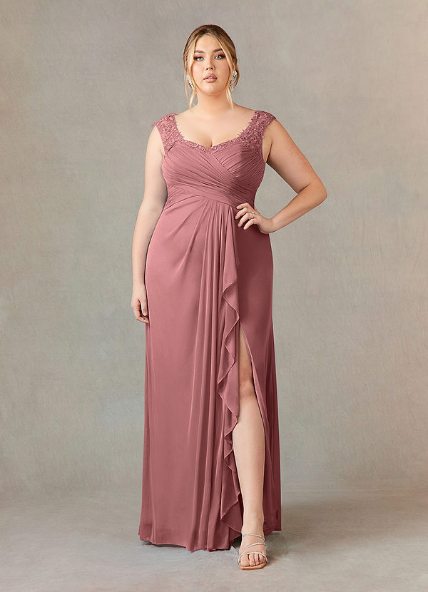 Azazie Edelin Vestidos de Madre de la Novia Vestido de Rosa Del Desierto de Malla de Corte en A con Cuello Corazón Plisado image1