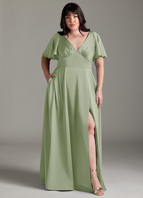 Azazie Kimber Bridesmaid Dresses Dusty Sage A-Line Ruched Stretch Satin Dress image1