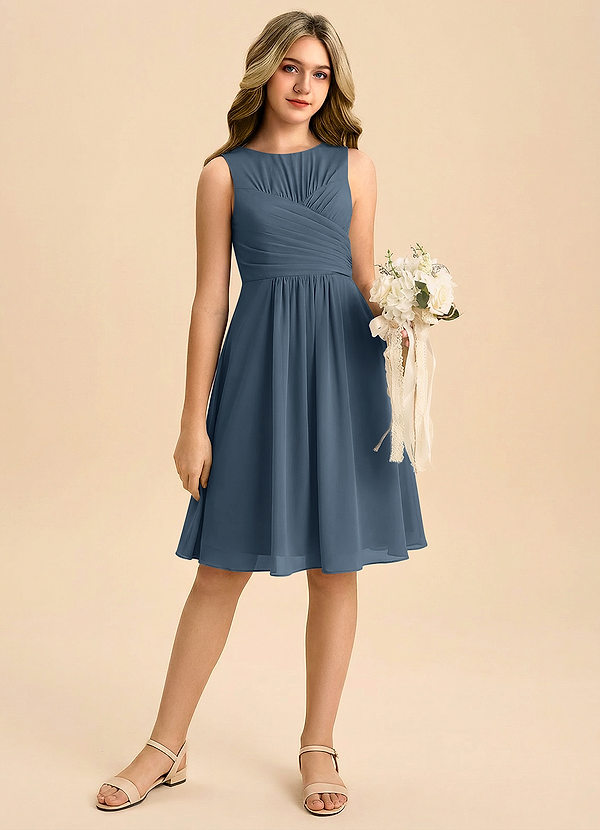 Azazie Skyla Junior Jurk van Chiffon met A-Lijn Geplooid Neptunus image1