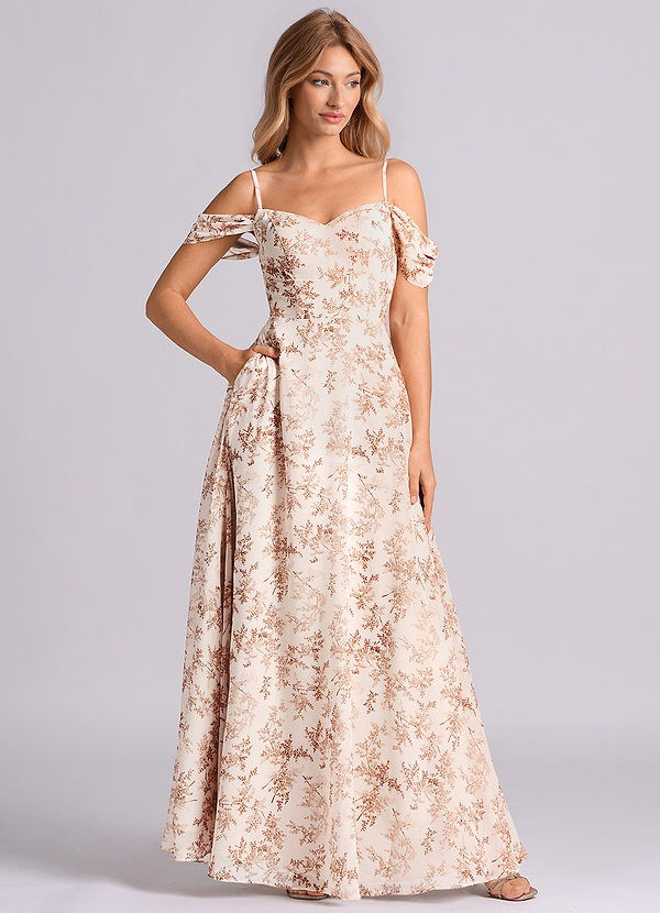 Azazie Marley Bridesmaid Dresses Pink Fern Floral A-Line Off the Shoulder Chiffon Convertible Dress image1