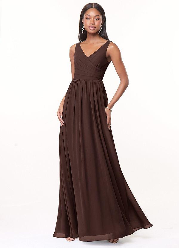 Azazie Keyla Bridesmaid Dresses Ganache A-Line V-Neck Pleated Chiffon Dress image1