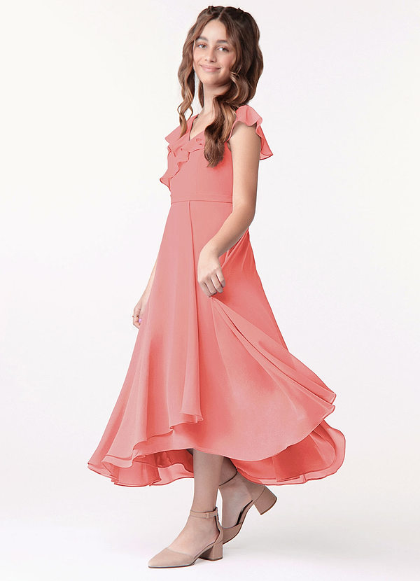Azazie Posie Junior Coral A-Line Ruched Chiffon Dress image1