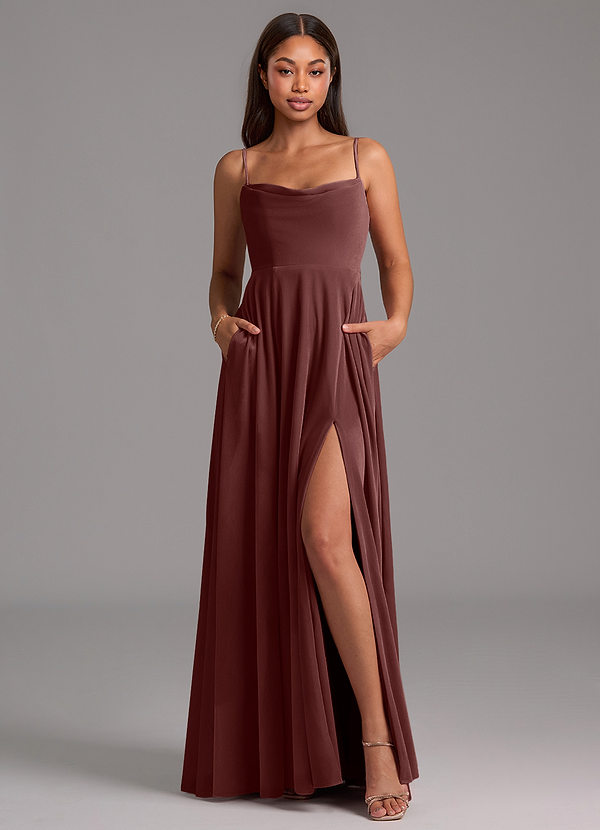Azazie Elle Bridesmaid Dresses Espresso A-Line with Pockets Velvet Dress image1