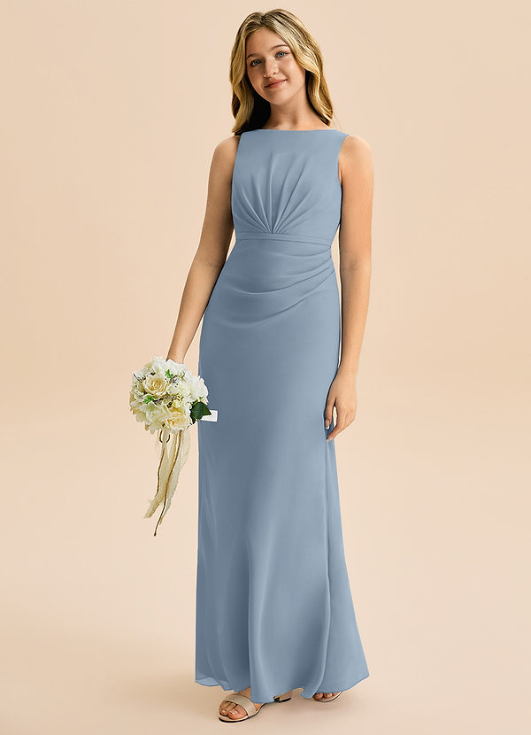 Azazie Floris Junior Robe Trapèze en Mousseline de soie Plissée Bleu Poussiéreux image1