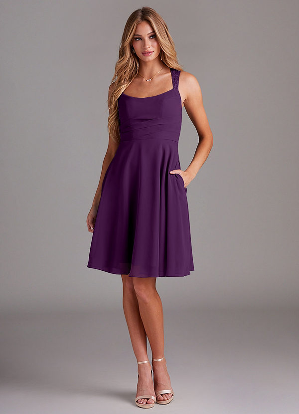 Azazie Vina Bridesmaid Dresses Grape A-Line Lace Chiffon Dress image1