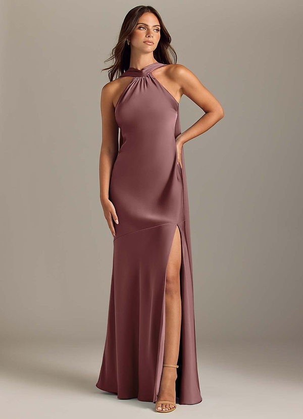 Azazie Kinsley Bridesmaid Dresses Vintage Mauve Mermaid Side Slit Stretch Satin Dress image1