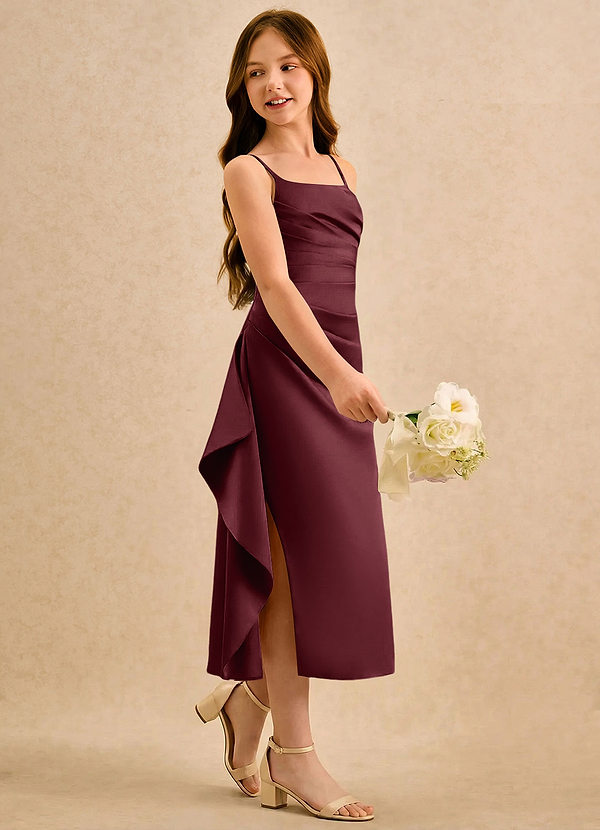 Azazie Canna Girls Formal Sukienki dla dziewczynek sypiących kwiaty Linia A Pofałdowany Satyna elastyczna Długość herbaty Sukienka image1